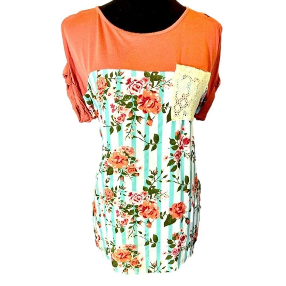 Self Esteem Floral Striped Tunic with Lace Pocket Medium